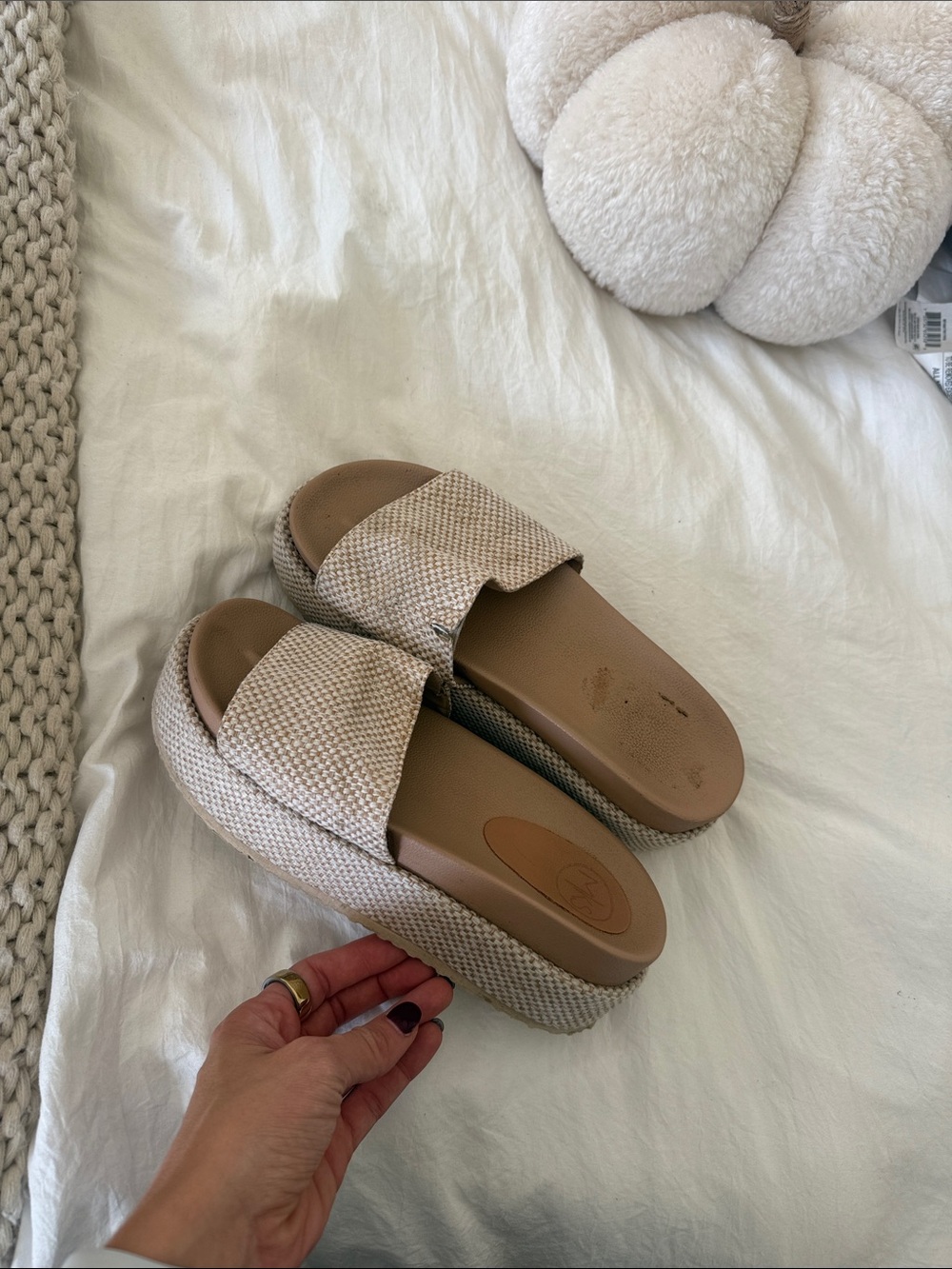 Woven Neutral Platform Slide Sandals - Beige